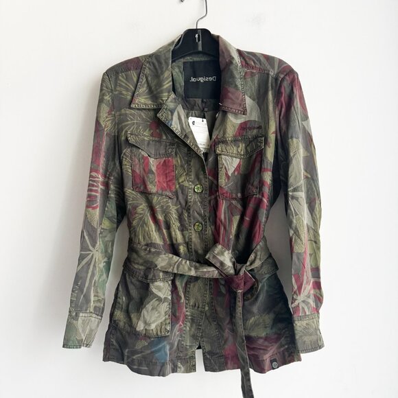 Desigual Army Green Floral Belted Casual Jacket 46/M - Picture 2 of 7